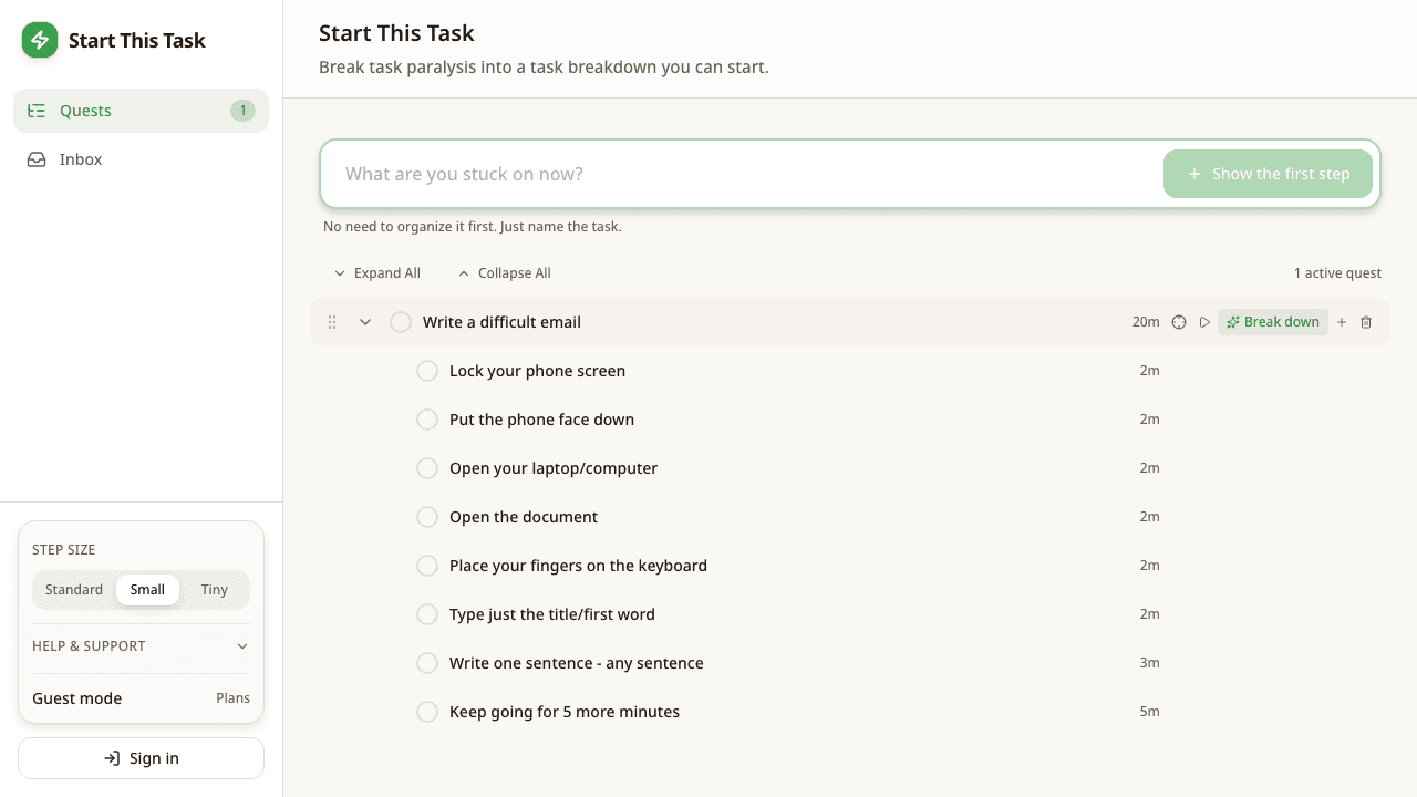 Start This Task workspace showing task breakdown controls and a concrete first step